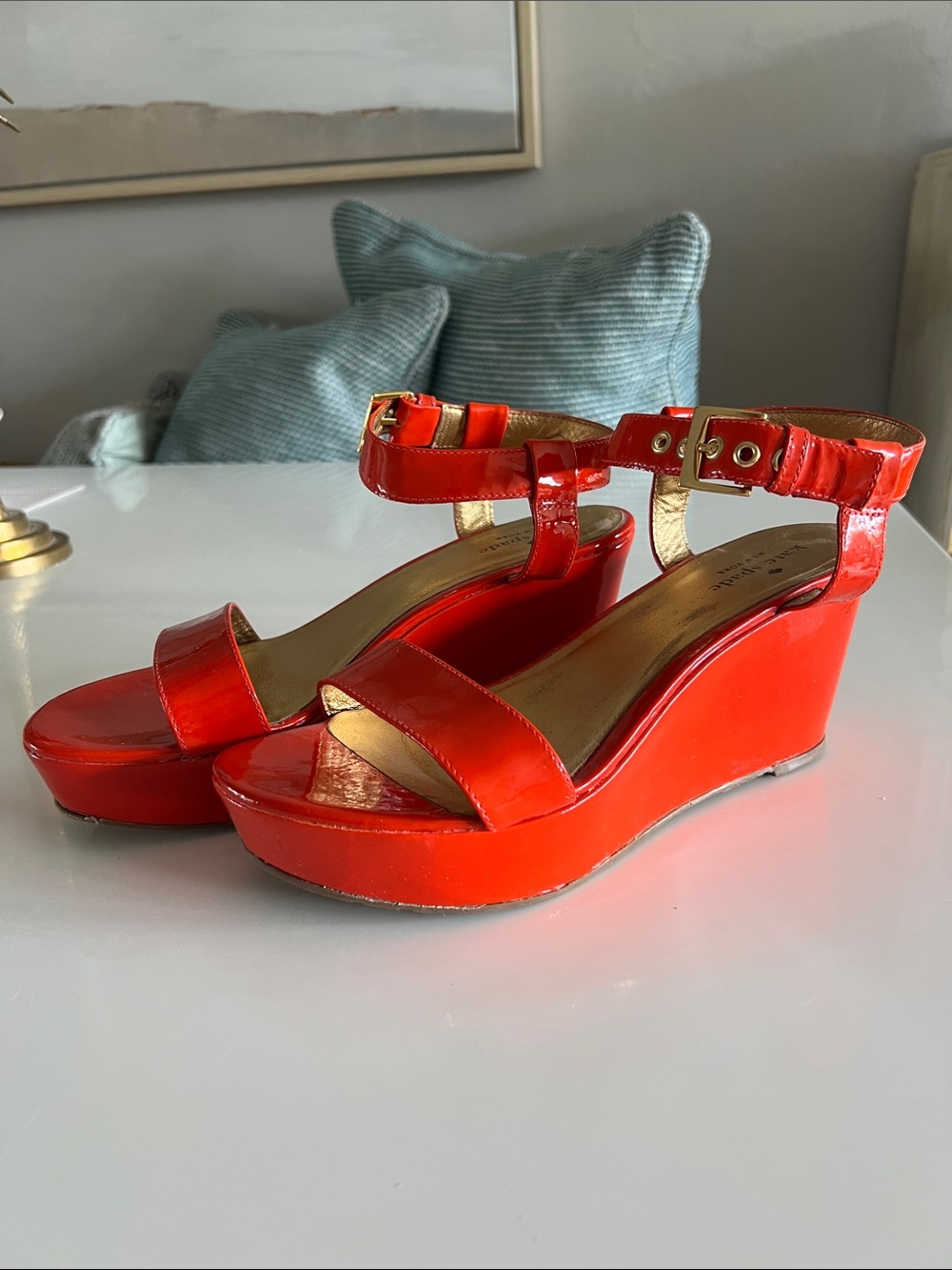 kate spade orange red Patent Wedge Sandals with Ankle Strap